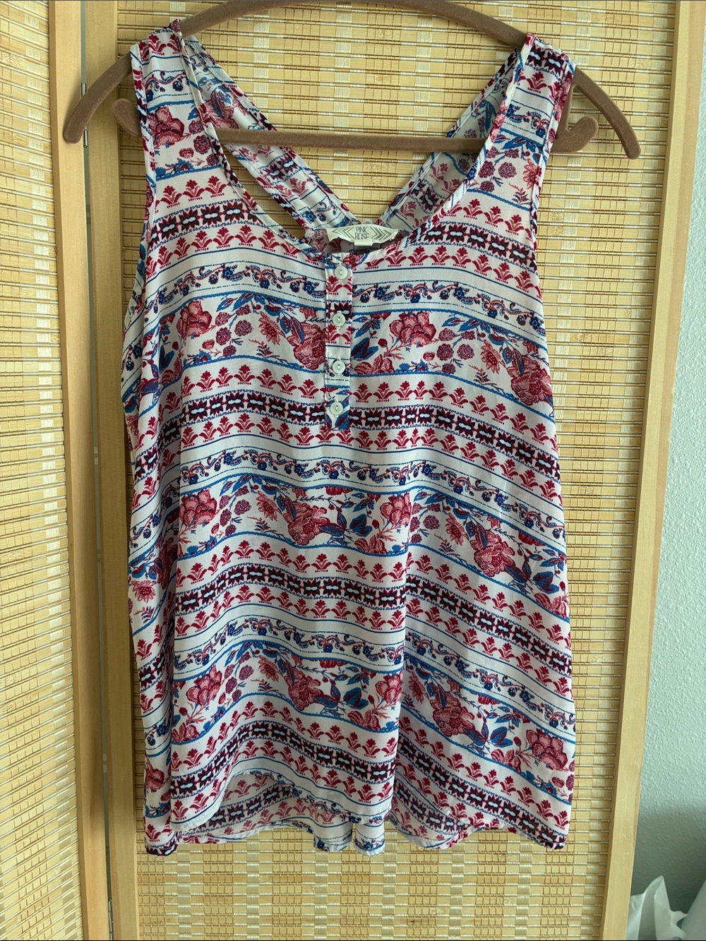 Pink Rose Floral & Stripe Sleeveless Tank in Ivory, Red & Blue